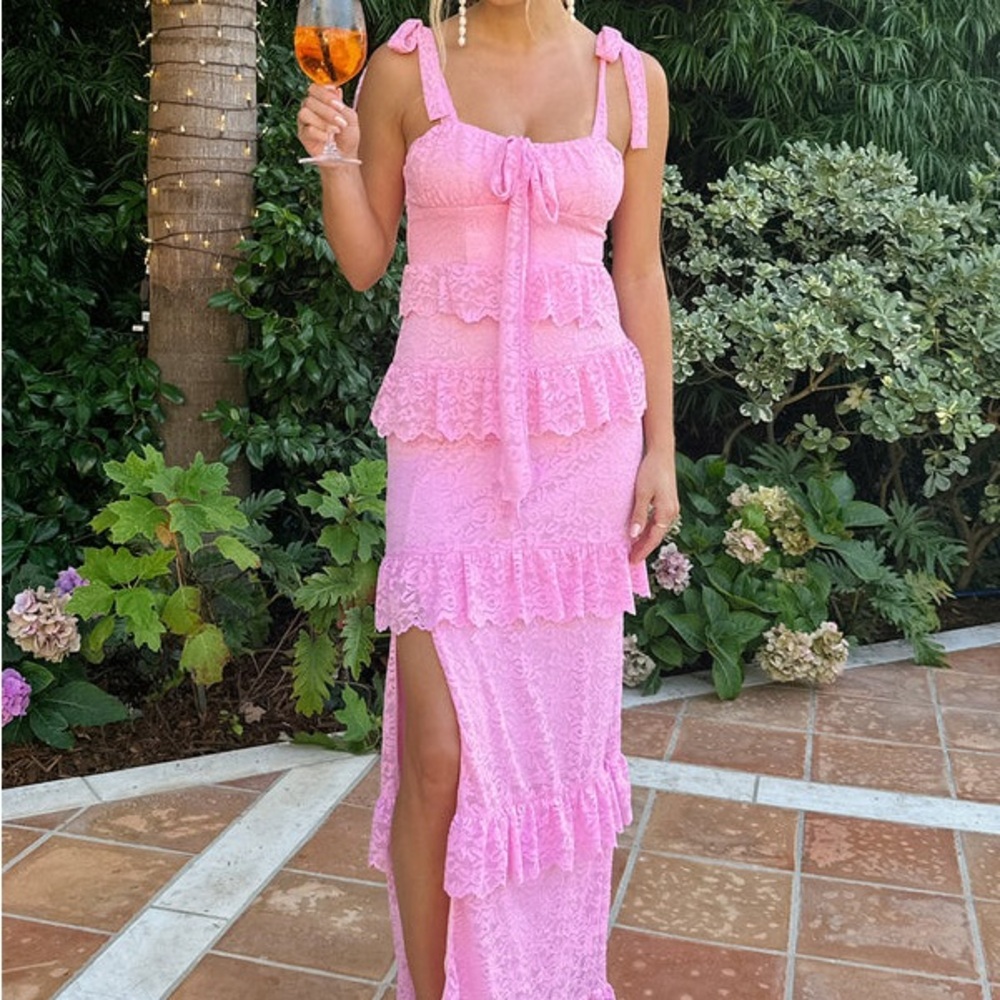 Show Me Your MuMu Monique Tie Maxi Dress- Pink Lovely Lace